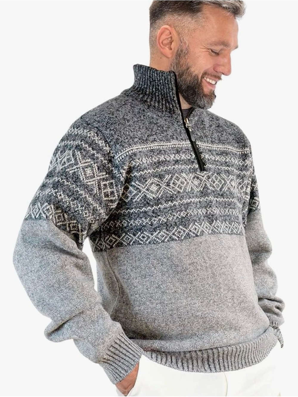 MCJC - Men's Grey Fair Isle Half-Zip Sweater with High Collar